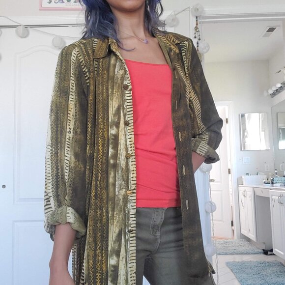 vintage! silky earthy tribal print long button down - Picture 3 of 5